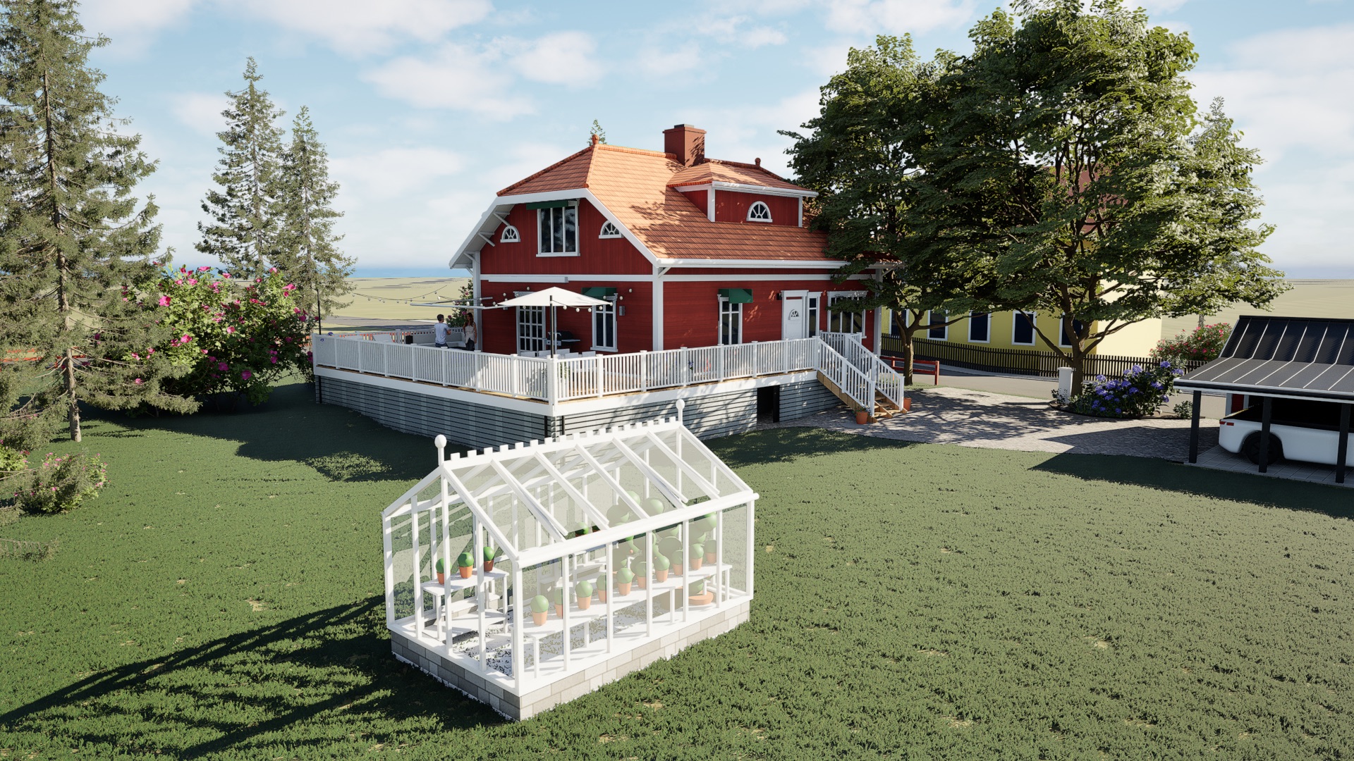 Förslaget: vit veranda runt hörnet, ny entrétrappa och ett växthus på gräsmattan, en junimorgon