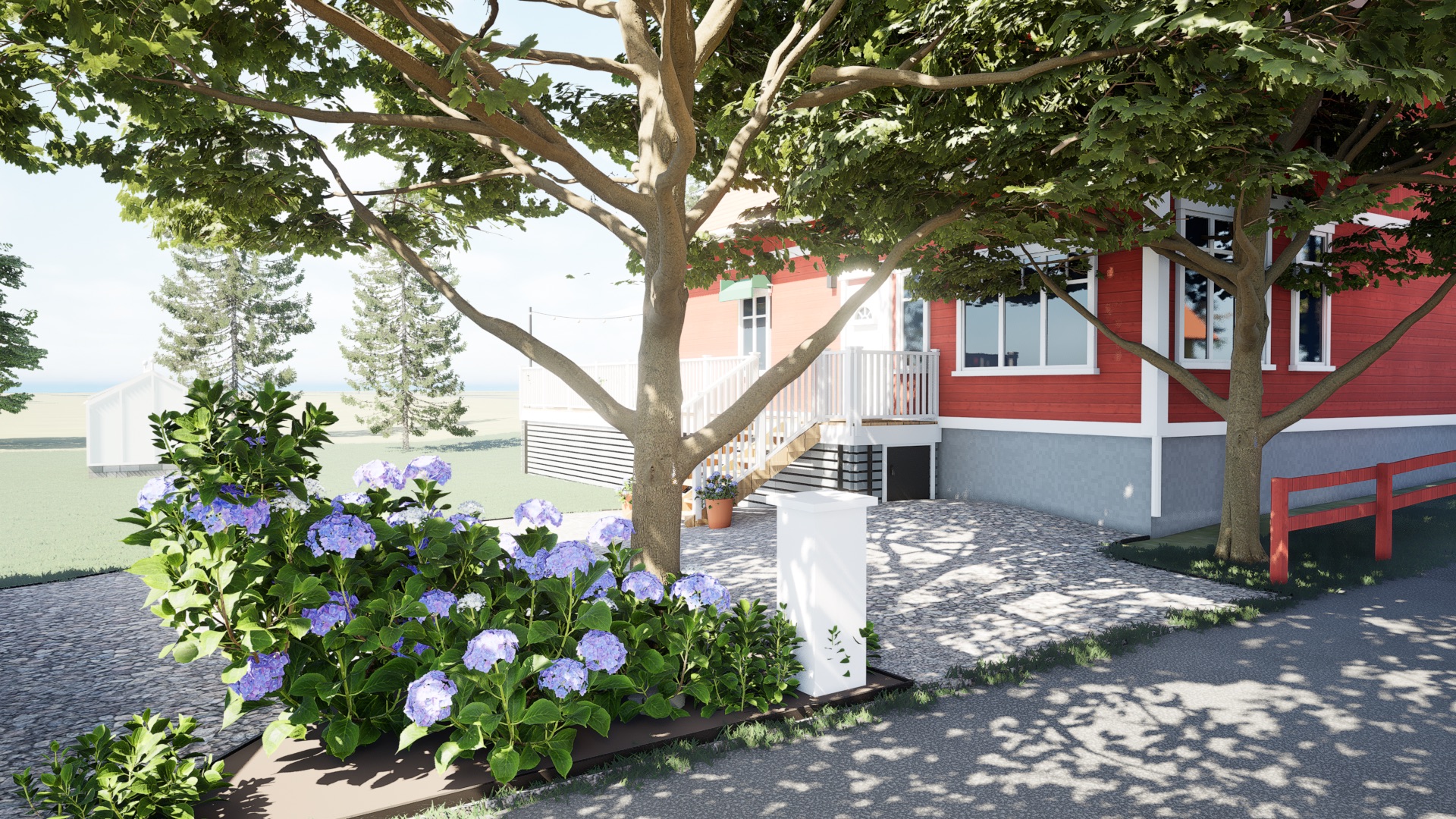 Samma vy på förmiddagen, skuggor från lönnen över gruset